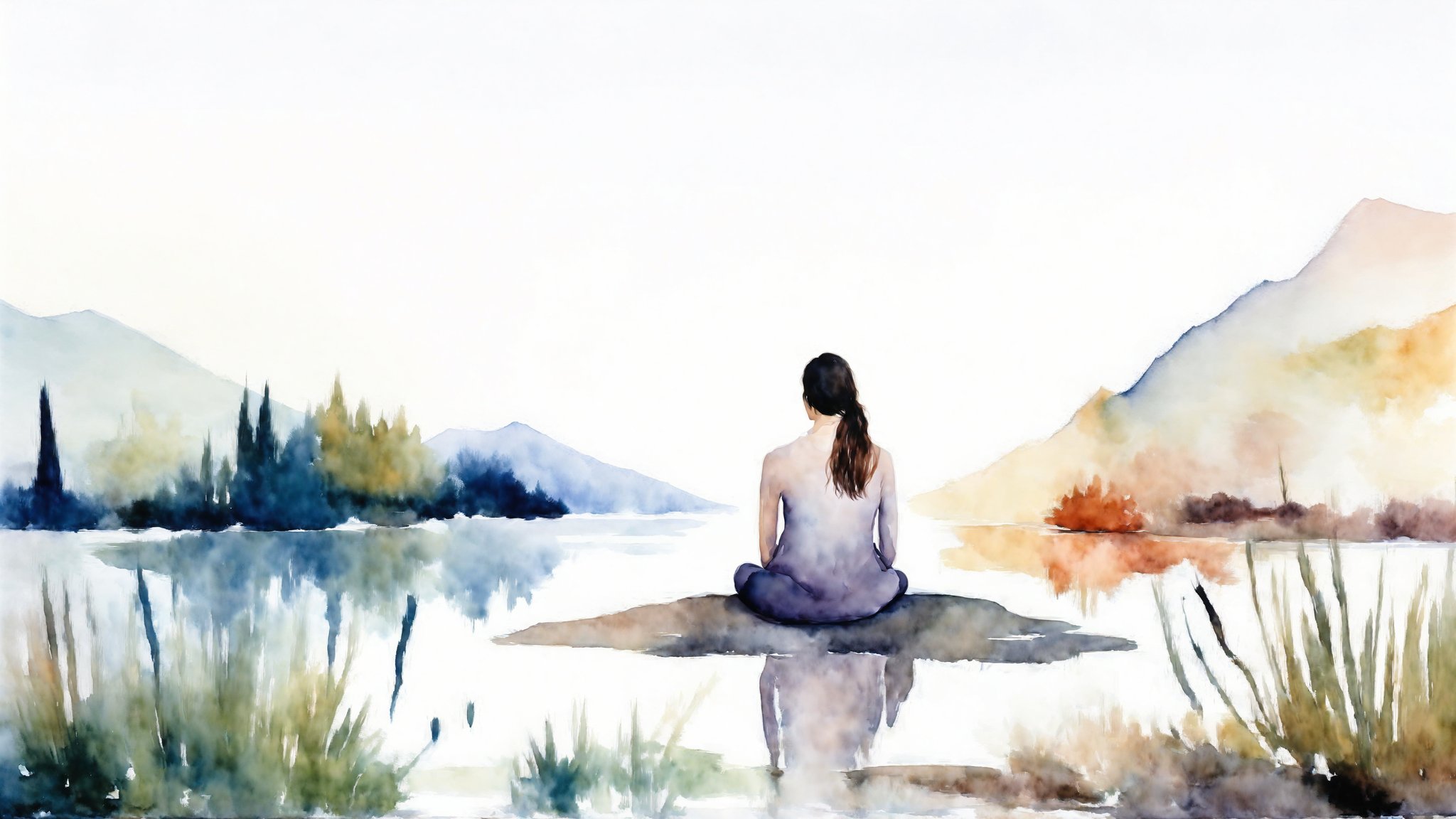 A minimalist watercolor painting with a blending effect, featuring a young woman meditating in nature. The scene is serene with the woman sitting cross-legged on the ground, surrounded by soft, diffused colors representing trees, mountains, and water. The painting captures a peaceful atmosphere, with gentle transitions between colors to evoke a sense of calm and harmony with nature.