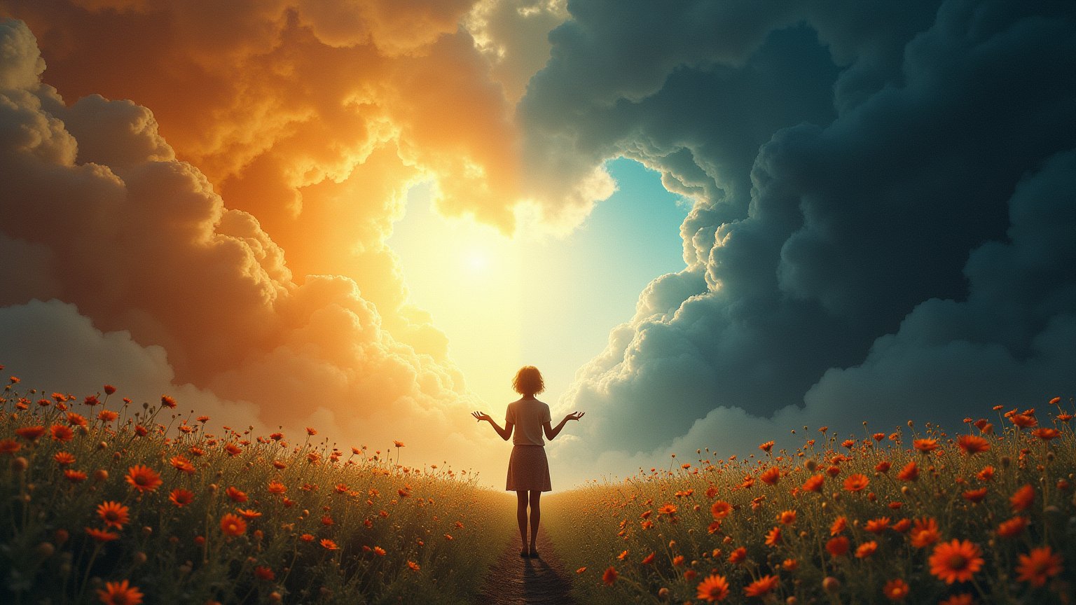 A surreal landscape where light and shadow intertwine. The scene represents two forces—love and fear. On one side, vibrant flowers bloom from golden light, symbolizing love, peace, and fulfillment. On the opposite side, dark, swirling clouds twist chaotically, representing fear and confusion. In the center stands a figure with open hands, caught between these two energies, their face filled with both wonder and uncertainty.