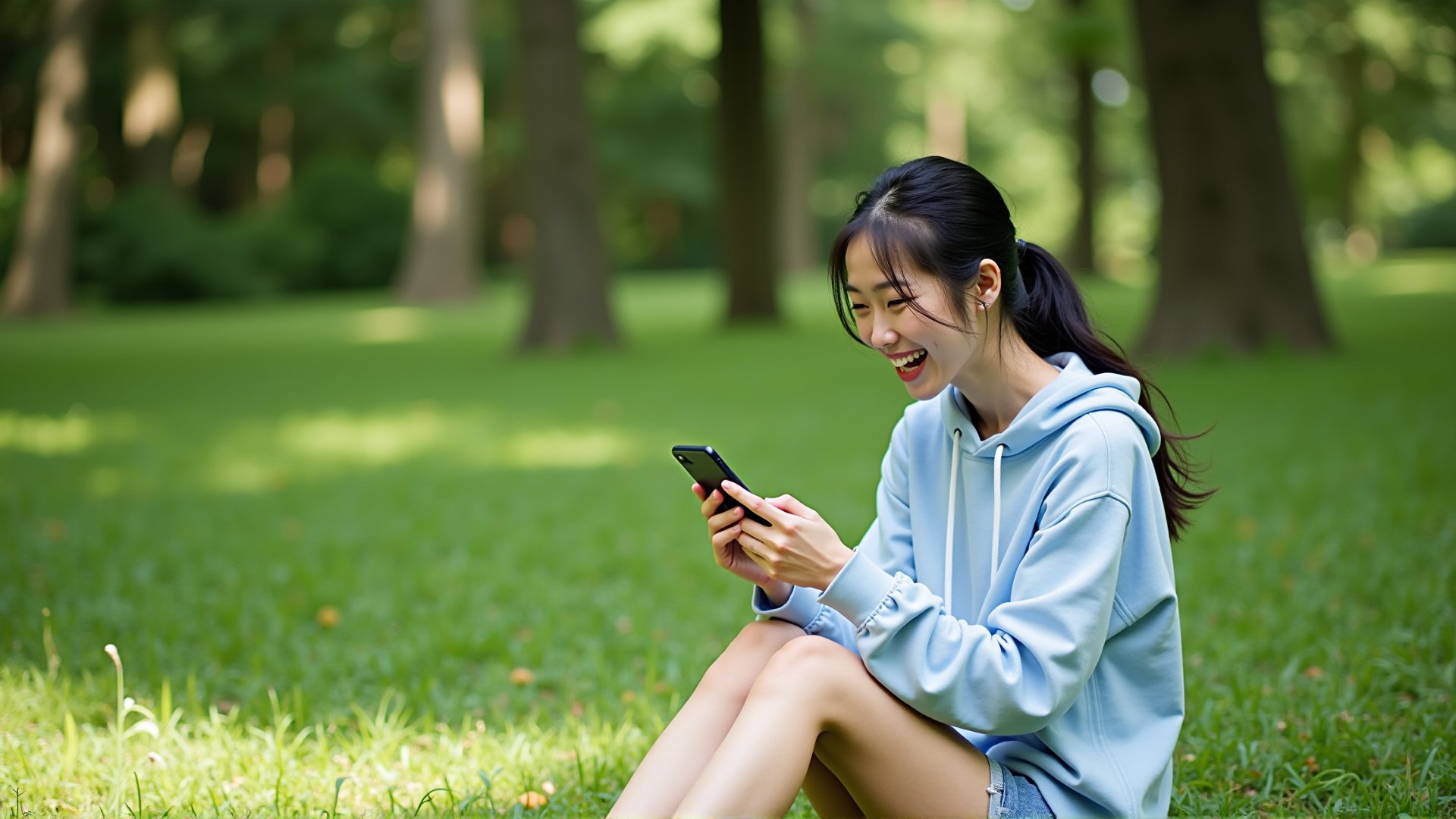 A 20-year-old Taiwanese woman is sitting on the grass in Daan Forest Park, holding her phone and laughing at something on the screen. She is wearing a light blue hoodie and denim shorts, with her ponytail swaying gently in the breeze. The trees around her cast dappled shadows.