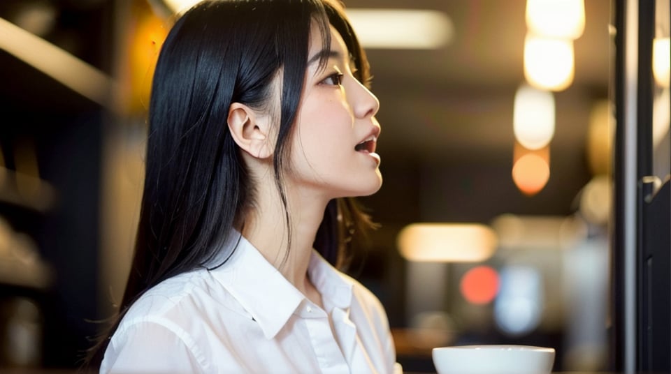 Create an image of a 50-year-old Asian Office Lady with a height of about 5'4" (163 cm). night,It's dark outside,long black hair, White shirt,  in a coffee shop , Looking into the distance and shouting, focus on face,side view