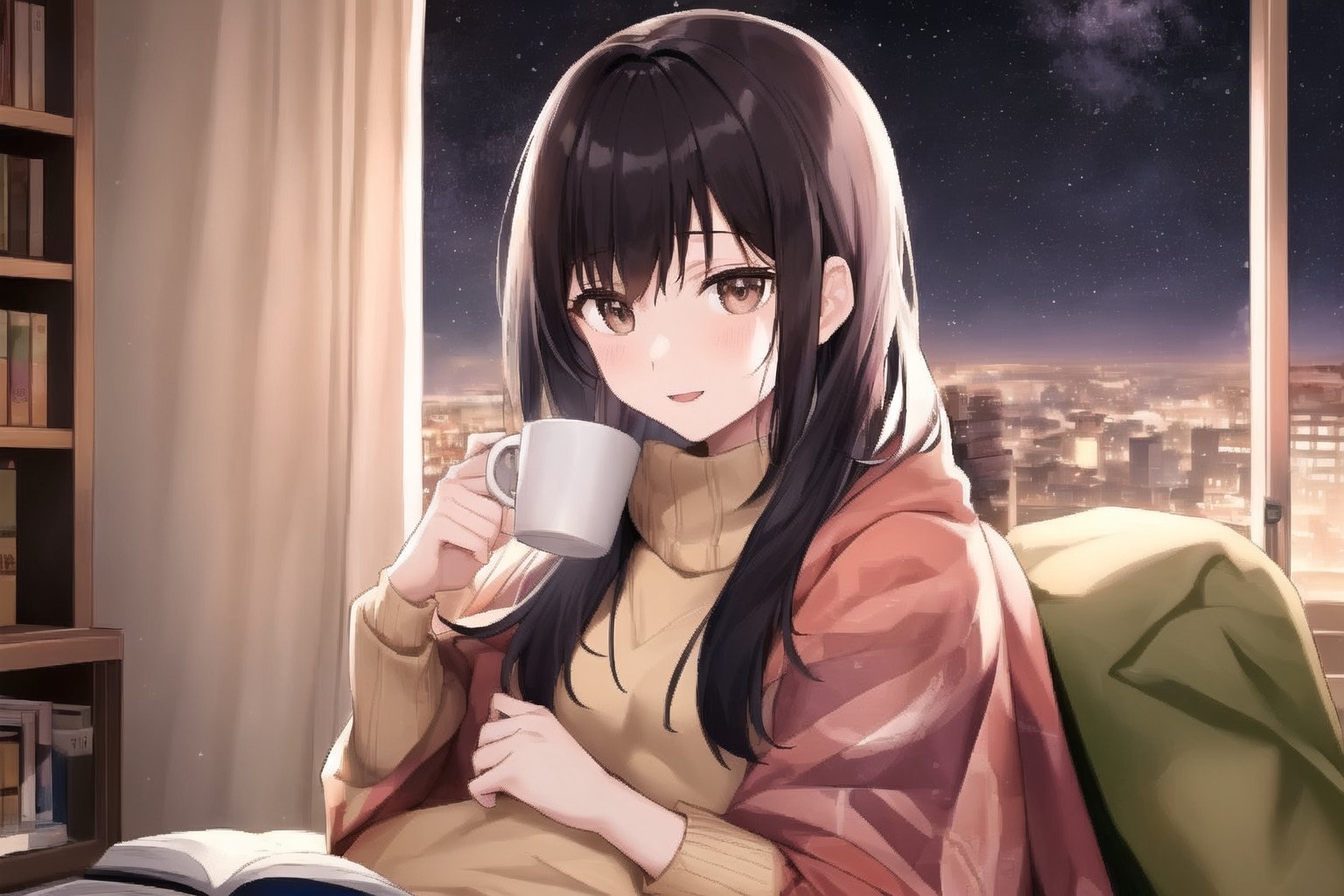 A young Asian woman in her room packing a backpack with a blanket, a hot drink, and a book about constellations. Her face is full of anticipation. Cozy night setting.