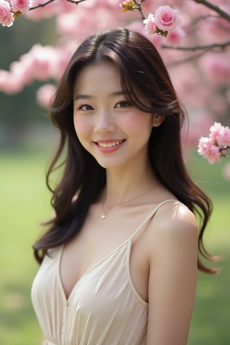 A 20-year-old Asian model,Park in full bloom, by the tree, smile,criss cross halter,look at viewer, focus on face,photorealistic.Photographic masterpiece