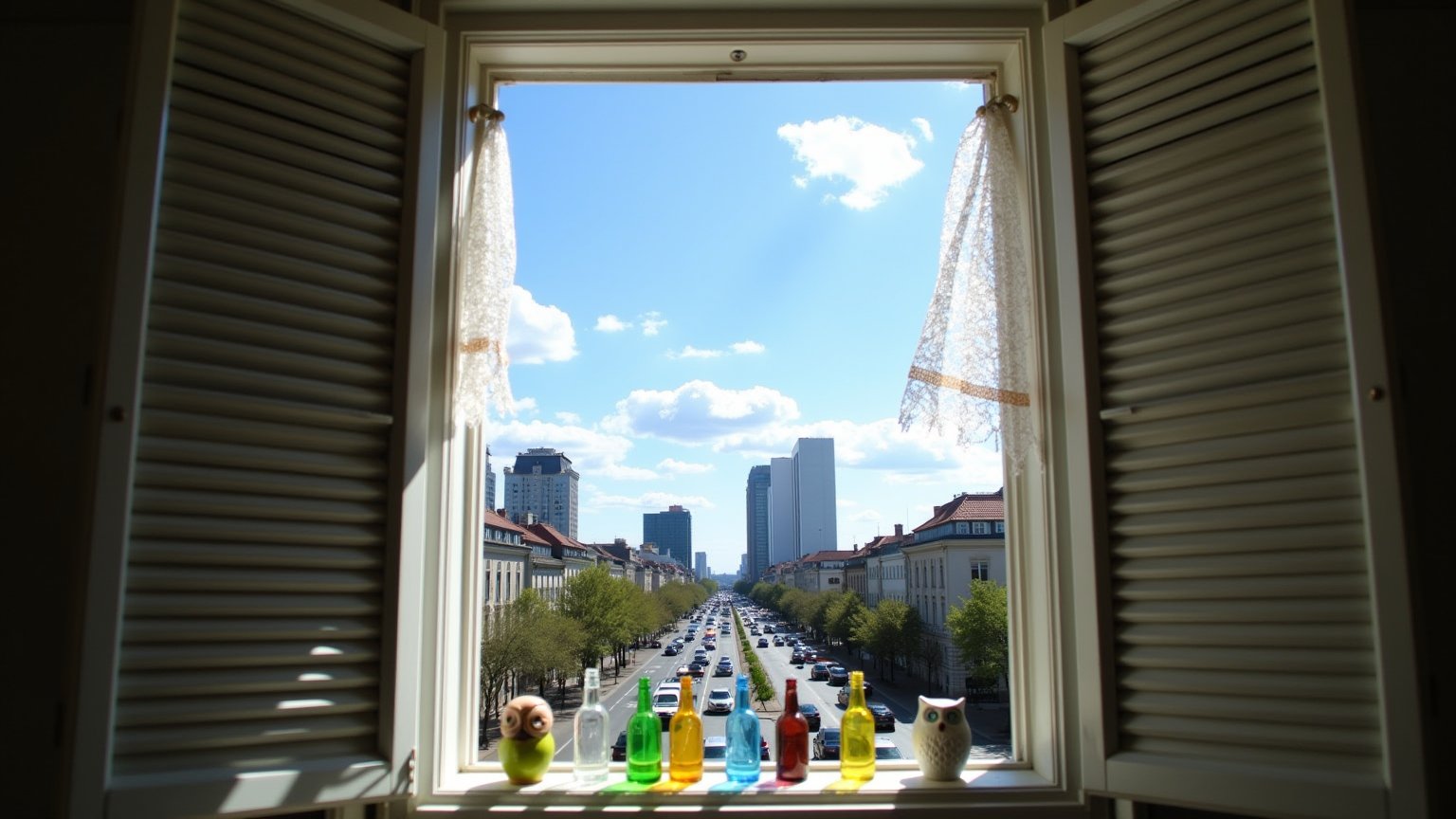 A small, square window with white wooden shutters, slightly open to let in the morning light. The window has delicate lace curtains that flutter gently in the breeze. On the windowsill, there is a collection of colorful glass bottles and a small ceramic owl. Outside the window, a bustling cityscape is visible, with tall buildings, busy streets, and a clear blue sky dotted with a few fluffy clouds.