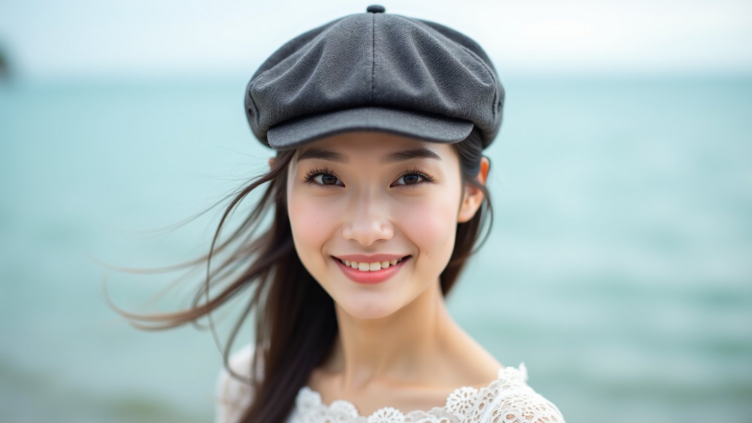 an Asian woman wearing a Flat Cap, rich texture on the Flat Cap, Wearing a white lace top,standing by the sea, exceptional photography style, natural lighting, high-resolution, detailed facial features, soft background, elegant and poised, subtle smile, candid moment, captivating eyes.