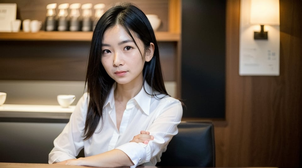 Create an image of a 50-year-old Asian Office Lady with a height of about 5'4" (163 cm). night,It's dark outside,long black hair, White shirt,  in a coffee shop , serious, focus on face,(close up:1)