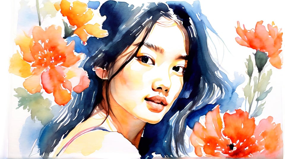 (watercolor drawing:1.2), beautiful Asian girl and flowers, sketchbook, portrait, bright mood, (spreading:1.2), masterpiece, perfect anatomy, best quality, high quality drawing