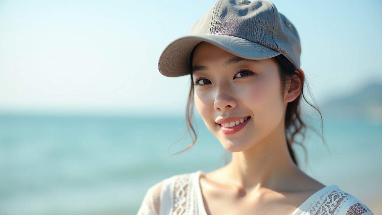 an Asian woman wearing a baseball cap, rich texture on the baseball cap, Wearing a white lace top,standing by the sea, exceptional photography style, natural lighting, high-resolution, detailed facial features, soft background, elegant and poised, subtle smile, candid moment, captivating eyes.