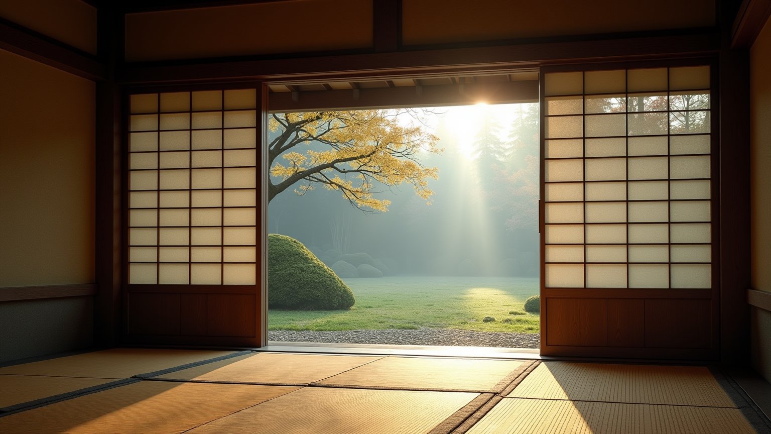 Realistic,photographic masterpiece, morning mist in traditional Japanese garden, sliding doors, tatami mats, wooden beams, Traditional Japanese house, photographed from inside to outside, whimsical details,