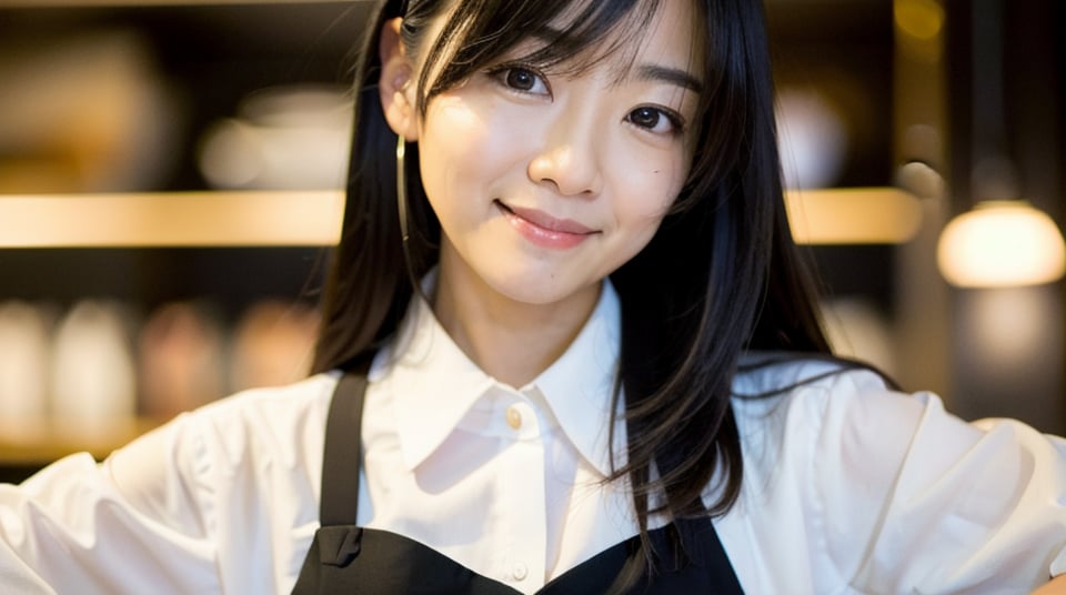 Create an image of a 50-year-old Asian Office Lady with a height of about 5'4" (163 cm). night,It's dark outside,long black hair, White shirt,  in a coffee shop , open arms. Look at viewer, focus on face,smile