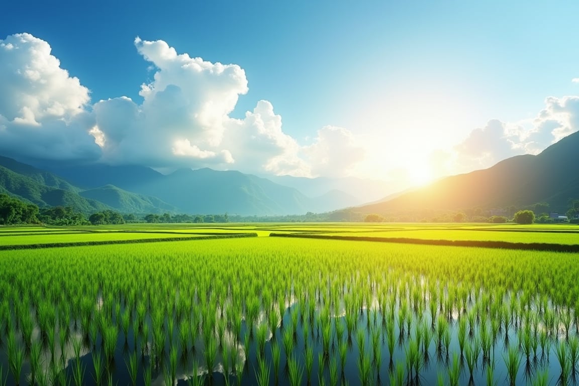 scenic rice paddy fields, bright clear sky, majestic white clouds, distant mountains on the horizon, golden sunlight illuminating the landscape, lush green terraced rice fields, reflections in water, rural tranquility, photorealistic, high resolution, vibrant colors