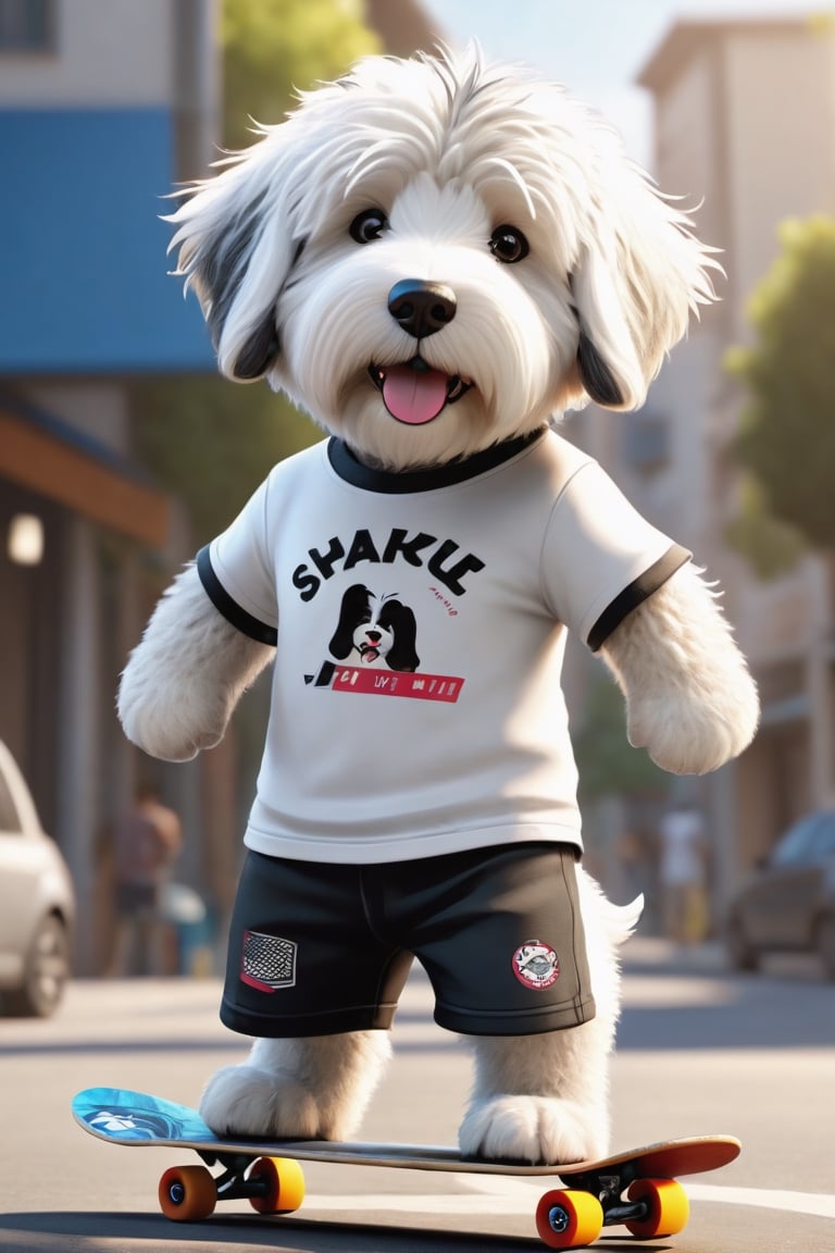 Cute Old English Sheepdog who plays human, Create a characterset of stunning 3D chibi style character in detailed full body, highly detailed, vibrant, ultra high quality, Hyperrealism, Photorealism, [octane render],Standing in a T-shirt and sports shorts while skateboarding 