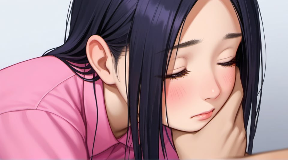 Create an image of a 30-year-old Asian Office Lady with a height of about 5'4" (163 cm). long black hair, Pink pajamas, Lean forward,Hair drooping,Face with hands, eyes Closed , shy expression,focus on face, close up,1girl