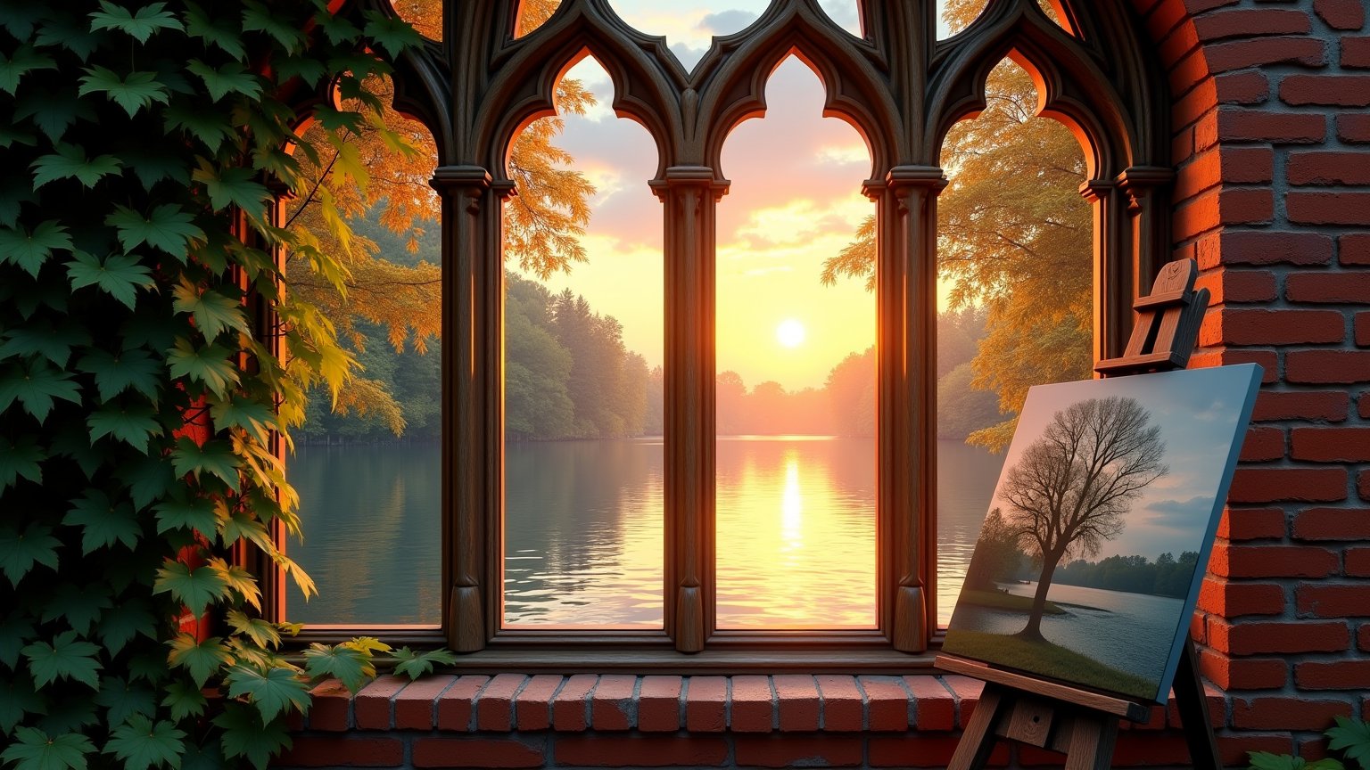 AI, create an image of an ornate Victorian window framed by red brickwork. Around the window, creeping ivy leaves soften the hardness of the bricks. Outside, the hues of the early morning paint the sky in shades of orange, yellow, and red. The sun rises over a tranquil lake, causing gentle waves which shimmer with the reflected morning colors. Lush green trees surround the lake, with a few shedding their leaves that subtly suggests the early autumn season. Nearby, a wooden artist's easel stands next to the window with an unfinished canvas depicting the calming lake view.