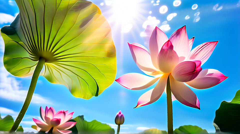 Summer lotus in full bloom, low-angle shot from beneath, vibrant pink lotus flowers, large green lotus leaves, clear blue sky background, sunlight filtering through petals, water droplets on leaves, reflection in calm water, photorealistic style, high detail, soft natural lighting, shallow depth of field, focal point on central lotus blossom, harmonious composition, vivid colors, serene atmosphere, inspired by nature photography,(from below:1.4)