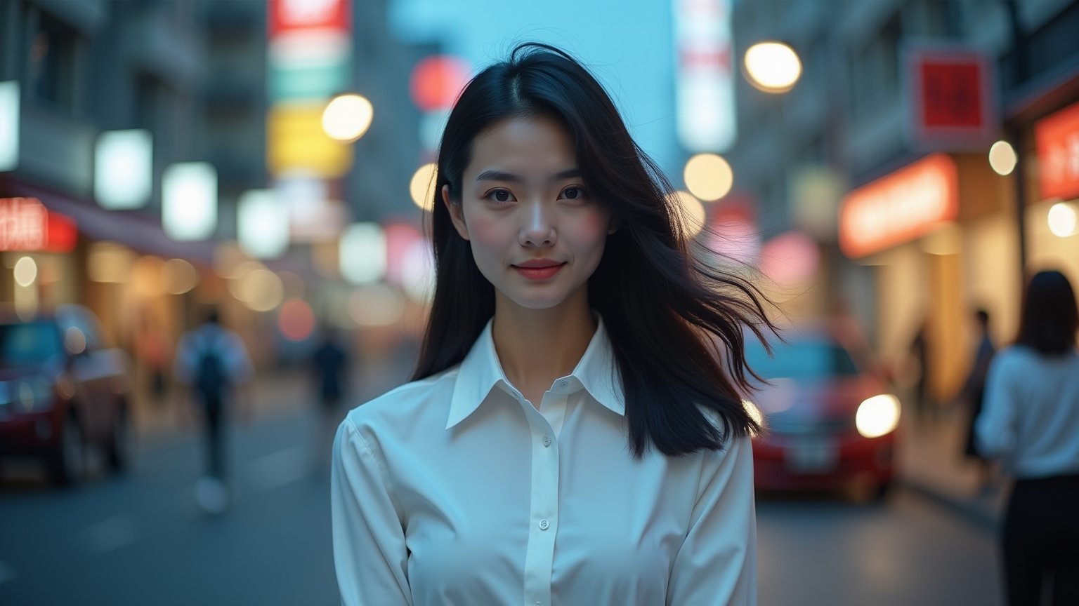 Capture a stunning photograph of a 20-year-old Asian woman with long black hair, wearing a crisp white shirt, standing in the middle of a busy city street at dusk. The soft glow of streetlights and neon signs illuminates the background, while she stands still, contrasting with the motion blur of people and cars rushing past. Her expression is calm and serene, as if time has paused for her alone. Her hands are gently resting in her pockets, and her hair catches the breeze, creating a sense of elegance and quiet power amidst the urban chaos.