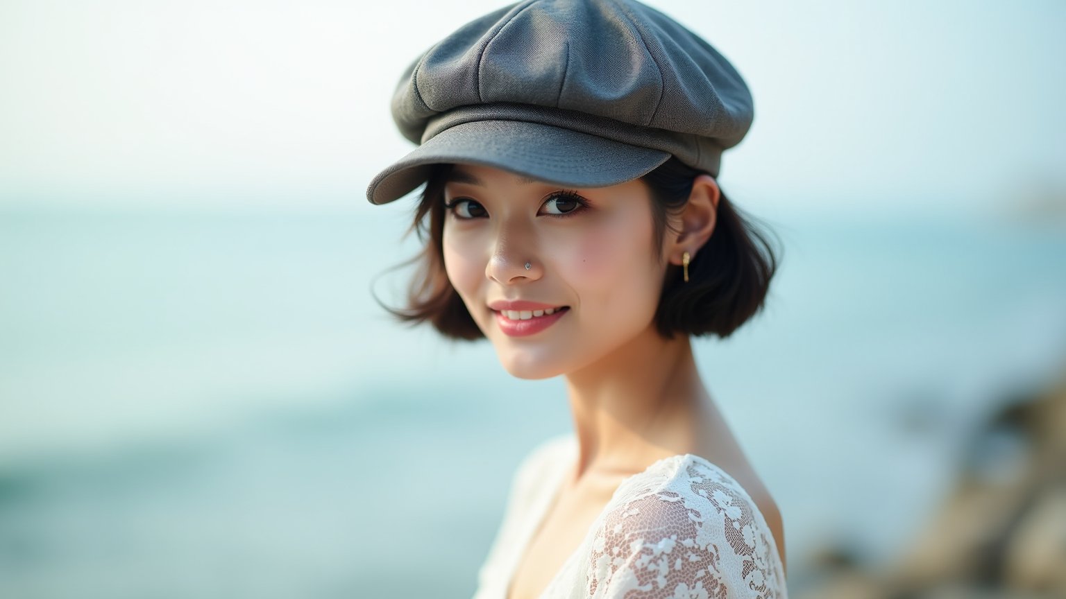 an Asian woman wearing a Newsboy Cap, rich texture on the Newsboy Cap, Wearing a white lace top,standing by the sea, exceptional photography style, natural lighting, high-resolution, detailed facial features, soft background, elegant and poised, subtle smile, candid moment, captivating eyes.