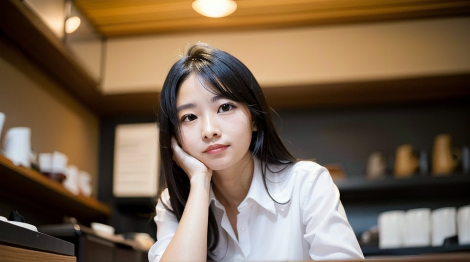 Create an image of a 50-year-old Asian Office Lady with a height of about 5'4" (163 cm). night,It's dark outside,long black hair, White shirt,  in a coffee shop , look at viewer,serious, focus on face,(close up:1),from below