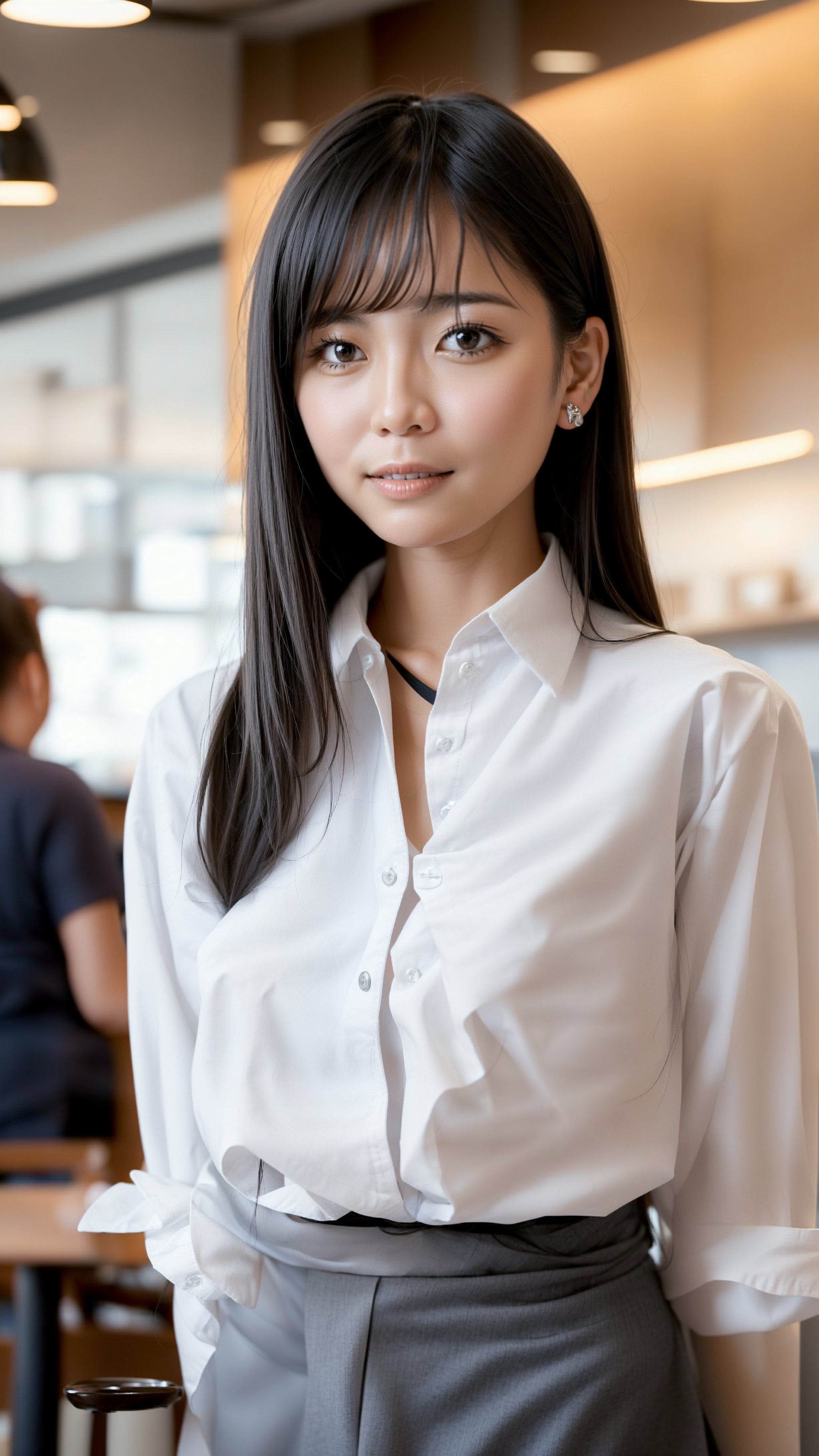 Create an image of a 50-year-old Asian Office Lady with a height of about 5'4" (163 cm). White shirt, gray skirt, from below, stand,in A coffee shop. (close up:1), focus on face,smile