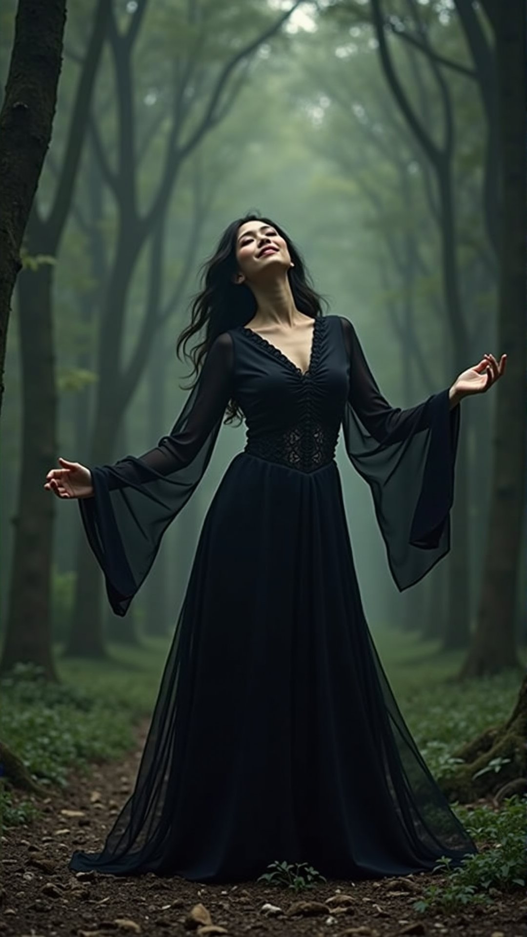 Gothic Horror, An Asian woman dancing in the forest