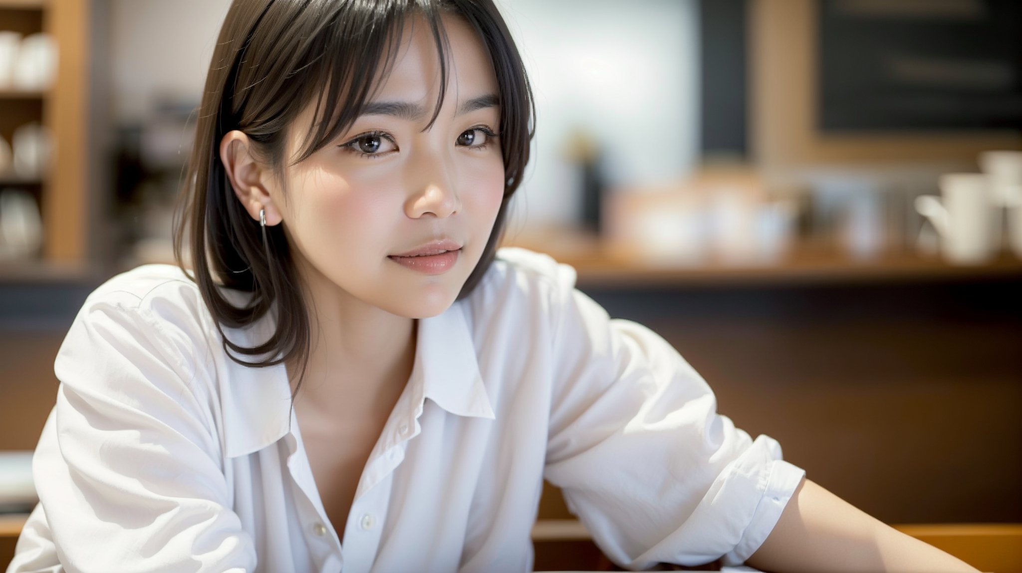 Create an image of a 50-year-old Asian Office Lady with a height of about 5'4" (163 cm). White shirt, in A coffee shop,(close up:1) focus on face,smile