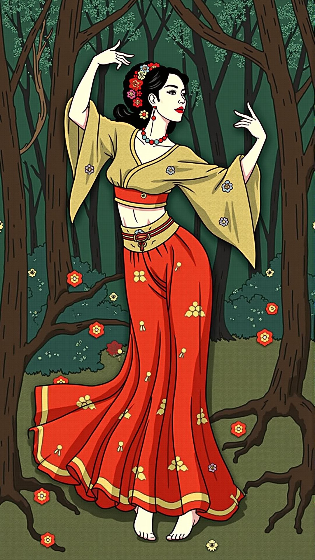 Pop Art, An Asian woman dancing in the forest