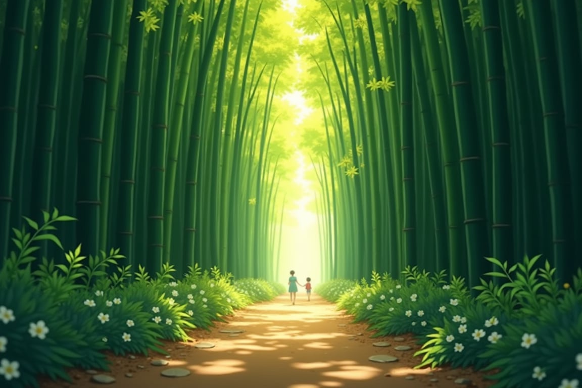 Ghibli style illustration, Small path walking upward through the bamboo forest, warm sunlight, vibrant colors, whimsical details, Studio Ghibli aesthetic, Miyazaki inspired, hand-drawn look, 2D animation style