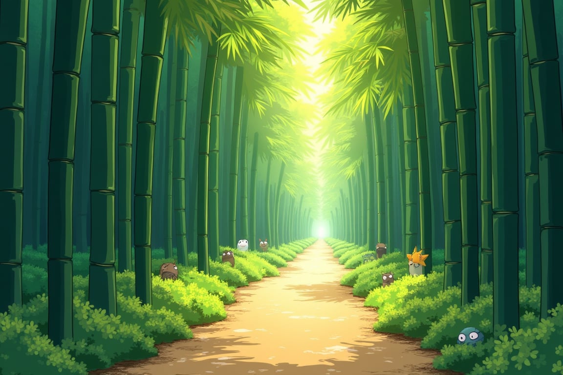 Ghibli style illustration, Small path walking upward through the bamboo forest, warm sunlight, vibrant colors, whimsical details, Studio Ghibli aesthetic, Miyazaki inspired, hand-drawn look, 2D animation style