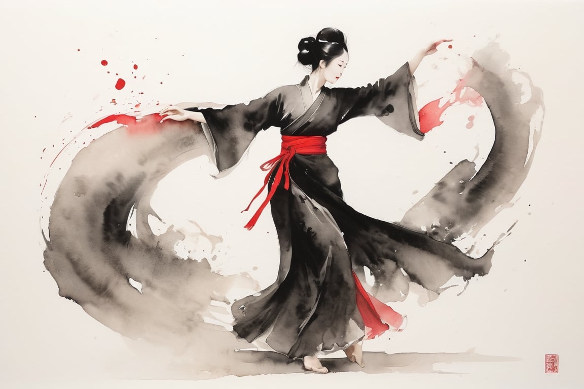 chinese ink wash painting, oriental beauty dancing, dynamic flowing movements, minimalist composition with ample negative space, splashes of black ink, delicate washes, calligraphic brushstrokes, (wabi-sabi), (zen simplicity), monochrome with touches of red, atmospheric perspective, NSFW