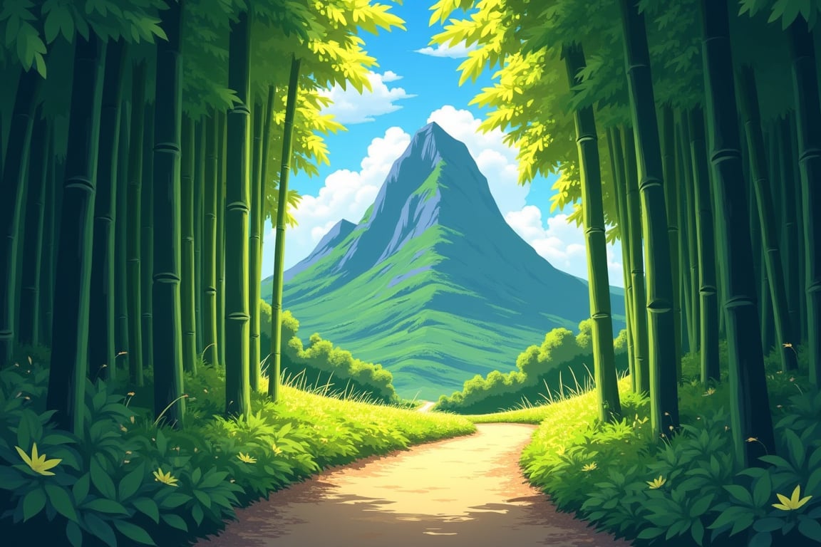 Ghibli style illustration, Curved path in the bamboo forest leading to the top of the mountain, warm sunlight, vibrant colors, whimsical details, Studio Ghibli aesthetic, Miyazaki inspired, hand-drawn look, 2D animation style