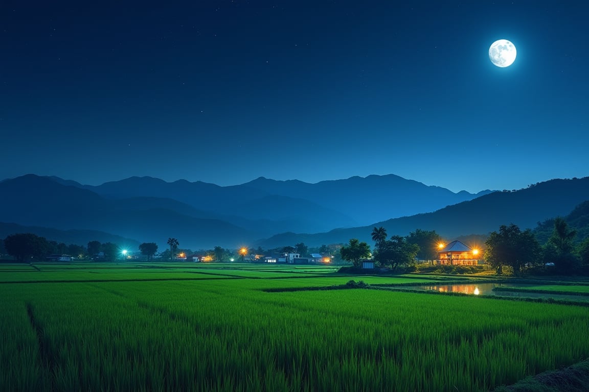 Scenic rice fields, night, starry sky and bright moon, distant mountains on the horizon, lush farmland, reflections in the water, warm lights from several farmhouses, tranquility in the countryside, realistic, high resolution, bright colors, outstanding photography work.