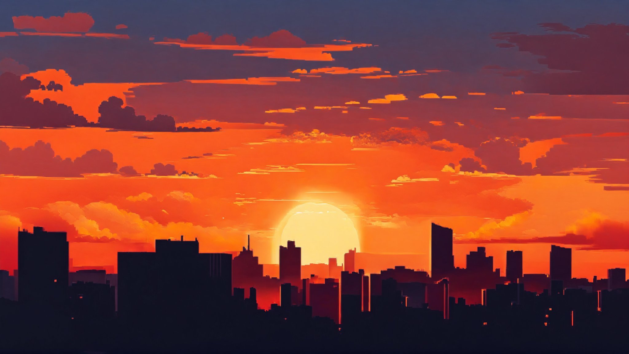 City dusk, sunset, warm sky, building silhouettes, skyline