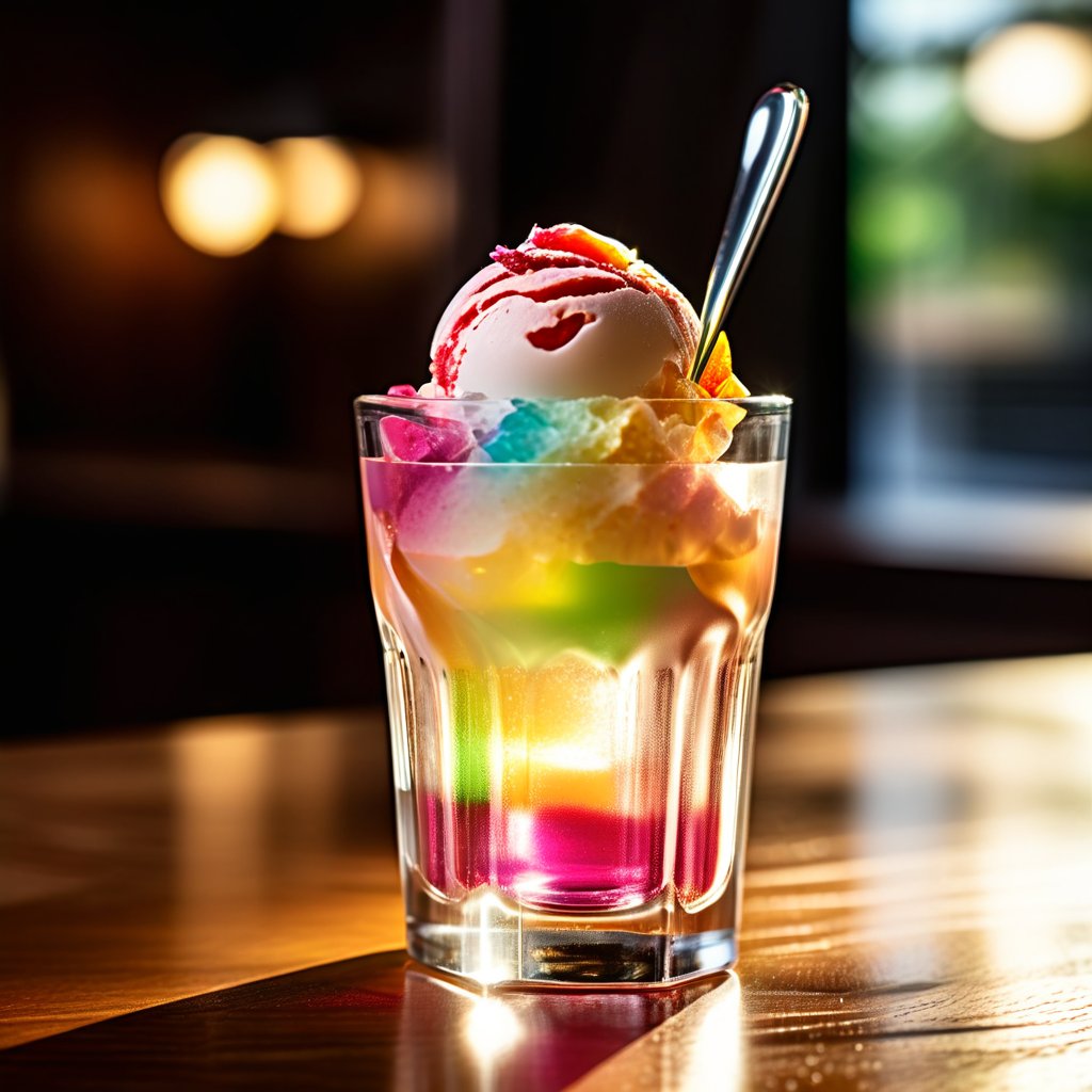 Close-up shot of a transparent glass sitting on a wooden table indoors. The glass contains a colorful scoop of ice cream with a single spoon resting beside it. Soft, warm lighting illuminates the scene from above, casting a gentle glow on the creamy treat. The glass and surrounding tabletop are in sharp focus, while the blurred background adds depth to the composition.