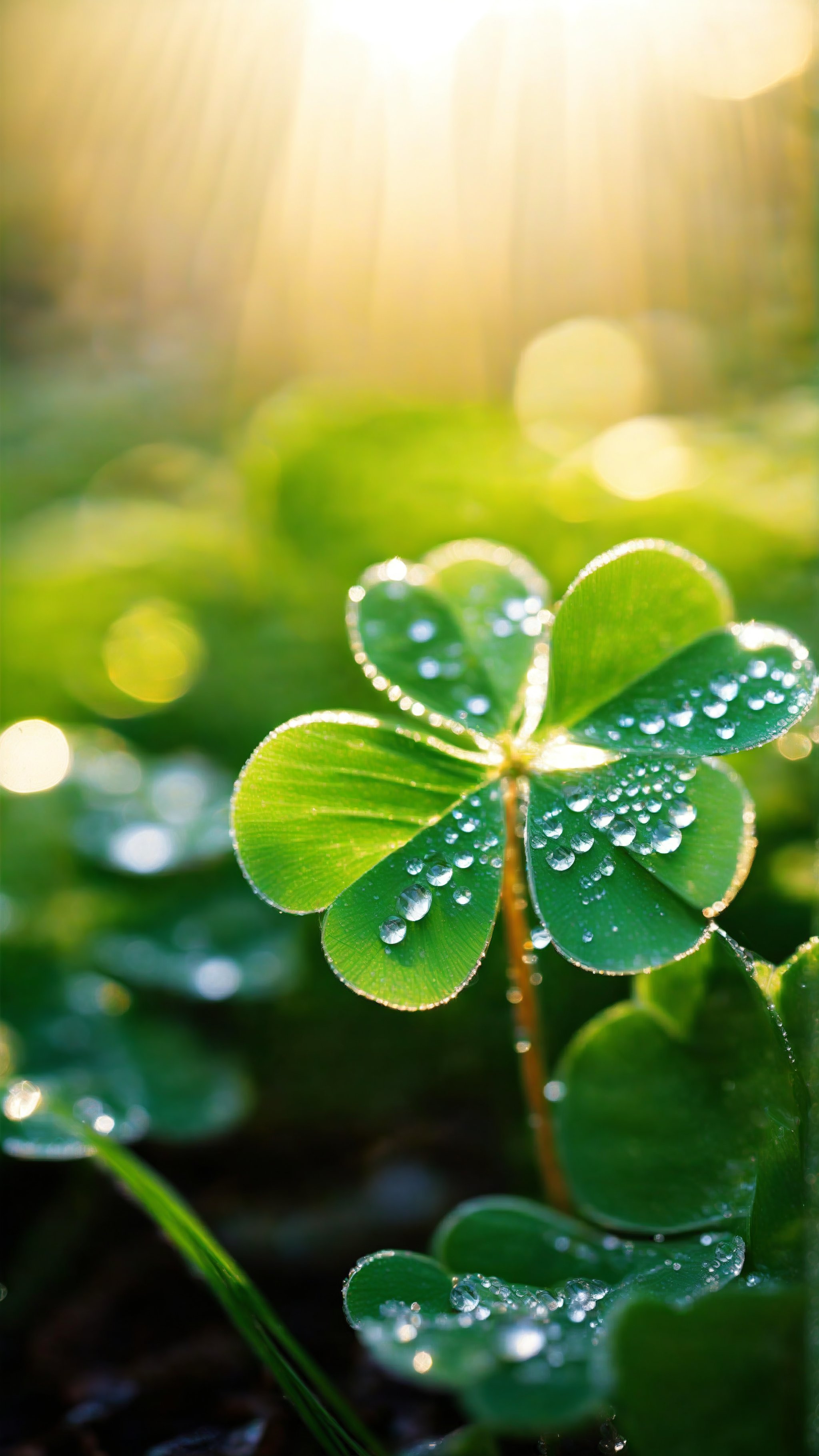 Close-up shot of a delicate, emerald-green four-leaf clover, bathed in soft, golden morning light. Dew droplets glisten on each leaf, creating tiny prisms that refract the gentle illumination. Framed against a blurred, green grass background, the lucky charm appears fragile and unique. Focus on the intricate details of the leaves' textures and veins.