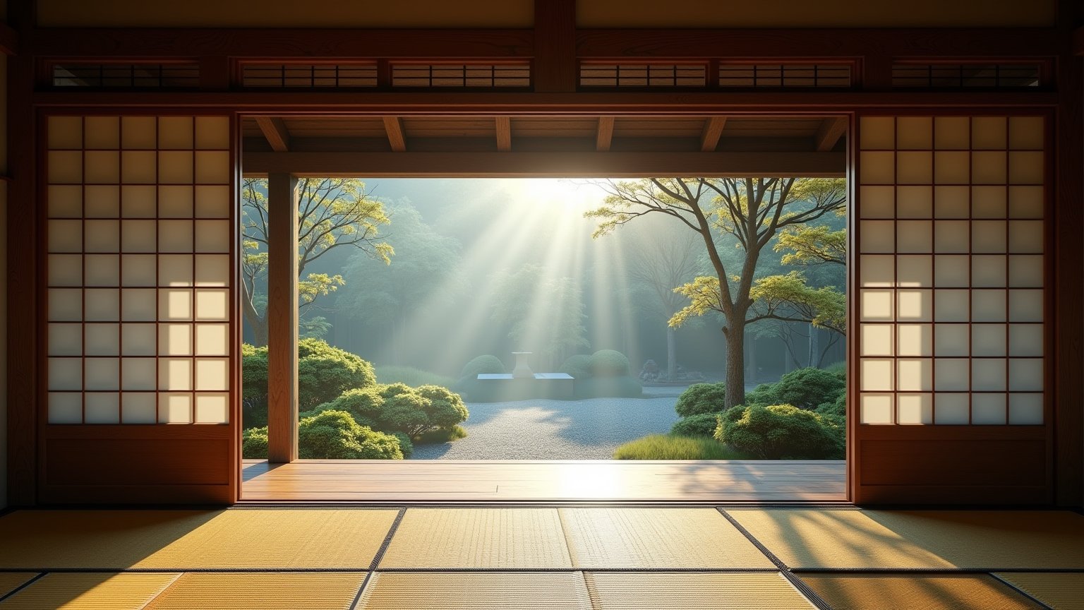 Realistic,photographic masterpiece, morning mist in traditional Japanese garden, sliding doors, tatami mats, wooden beams, Traditional Japanese house, photographed from inside to outside, whimsical details,