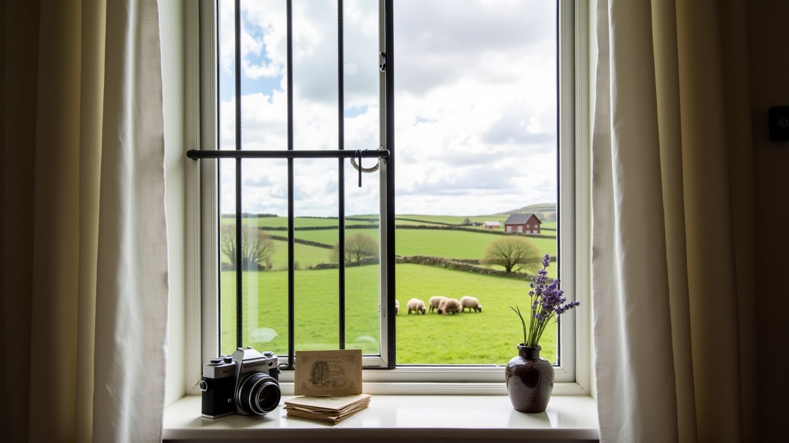 A tall, rectangular window with black iron bars, giving it a rustic and secure look. The window is adorned with soft, sheer white curtains that allow diffused light to enter the room. On the windowsill, there is a vintage camera, a stack of old postcards, and a small vase with fresh lavender. Outside the window, a picturesque countryside unfolds, with rolling green hills, a distant barn, and a few grazing sheep under a partly cloudy sky.