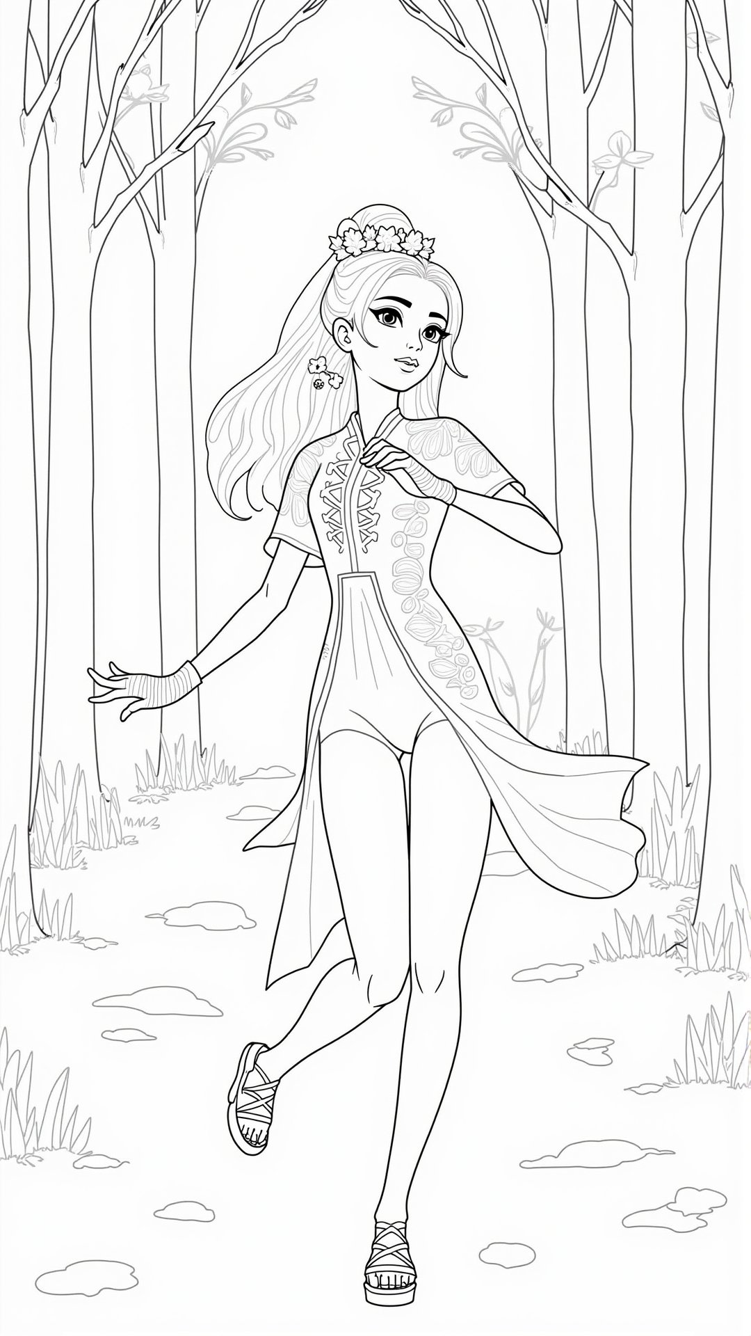 Line Art, An Asian woman dancing in the forest