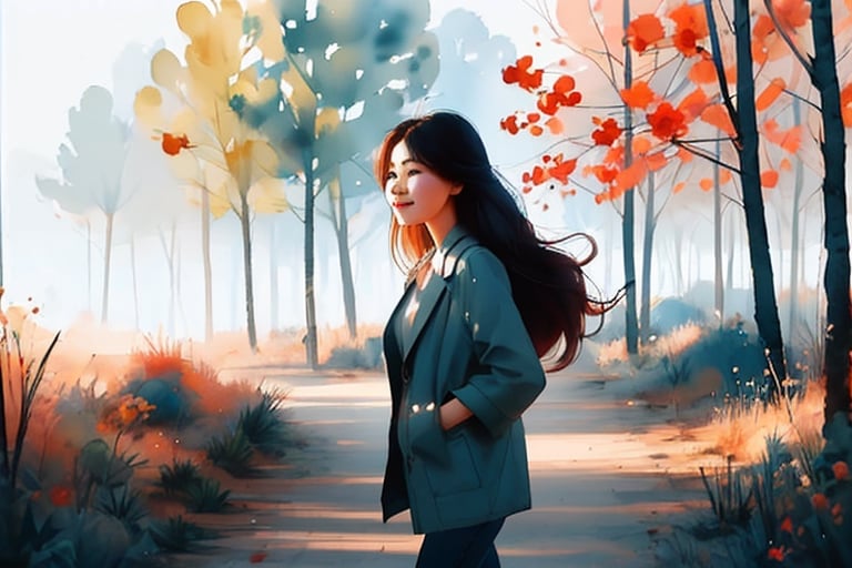 20 years old Asian woman,long hair,look at viewer,focus on face,Take a walk in the forest, The leaves in the forest are of various colors and colorful,YunQiuWaterColor