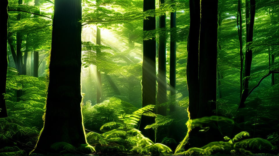 There are towering trees in the forest, and sunlight passes through the dense canopy to create the Tyndall effect, illuminating the woods. The atmosphere is peaceful and tranquil, with lush green foliage and a mysterious, ethereal quality. High detail, high quality photos.