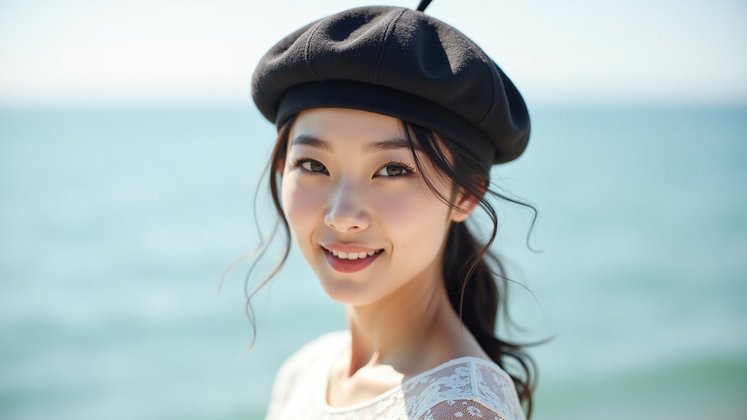 an Asian woman wearing a Beret, rich texture on the Beret, Wearing a white lace top,standing by the sea, exceptional photography style, natural lighting, high-resolution, detailed facial features, soft background, elegant and poised, subtle smile, candid moment, captivating eyes.