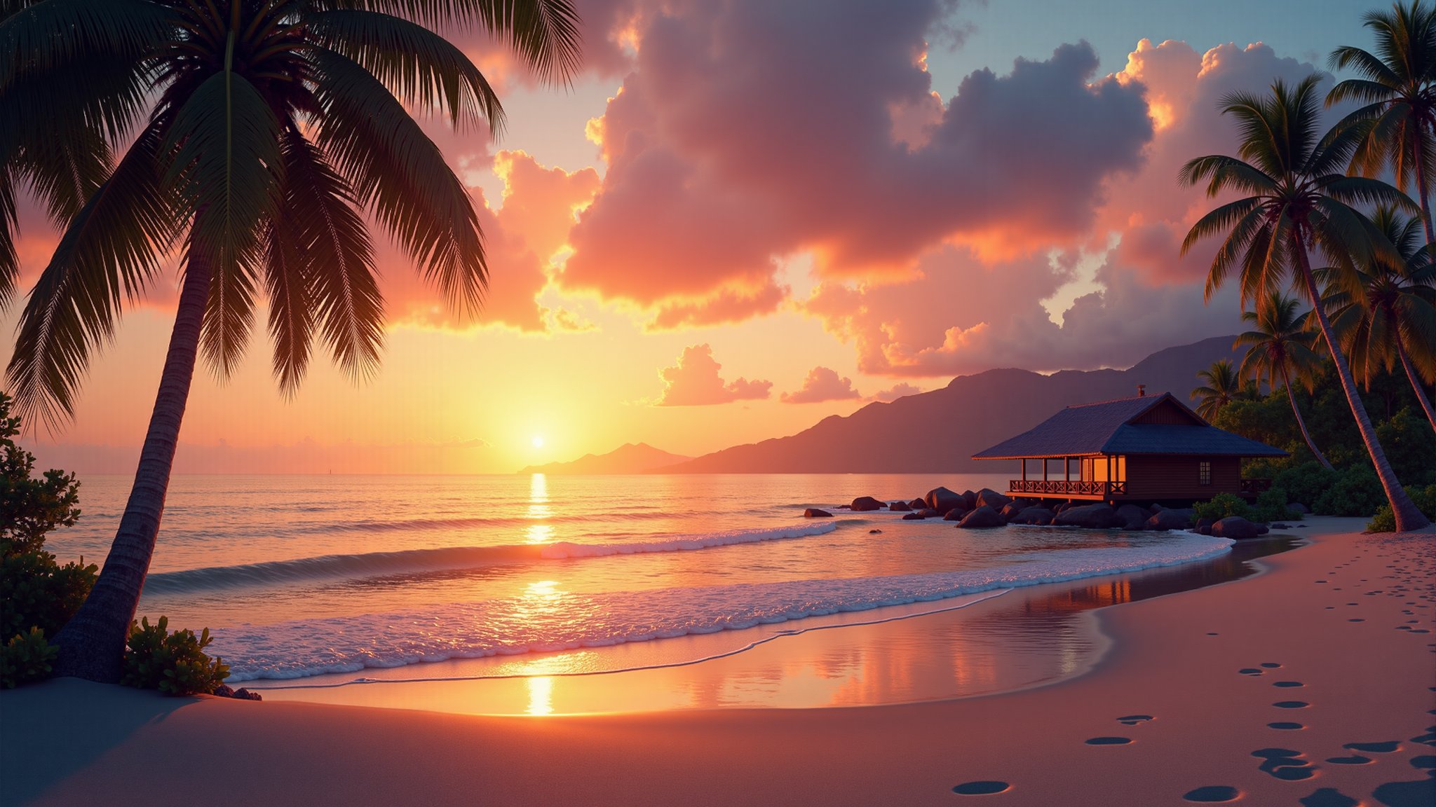 "sunset over a serene beach, palm trees swaying gently in the breeze, warm hues of orange and pink reflecting off the calm waters, distant mountains silhouetted against the colorful sky, soft waves lapping at the shore, footprints in the sand leading to a small wooden cottage, peaceful and tranquil atmosphere"