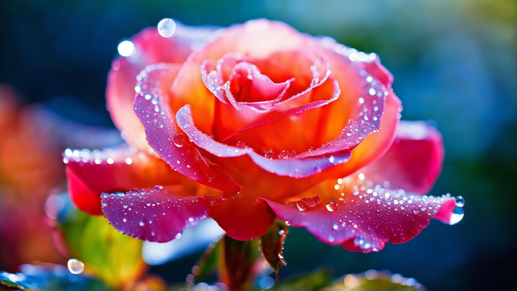 A delicate close-up of a velvety rose flower, its petals gently curved and slightly ruffled, as if kissed by the morning dew. Tiny water droplets glisten on the flower's surface, refracting light into tiny prisms that dance across the frame. The background is soft focus, allowing the viewer's eye to rest solely on the intricate beauty of the rose.