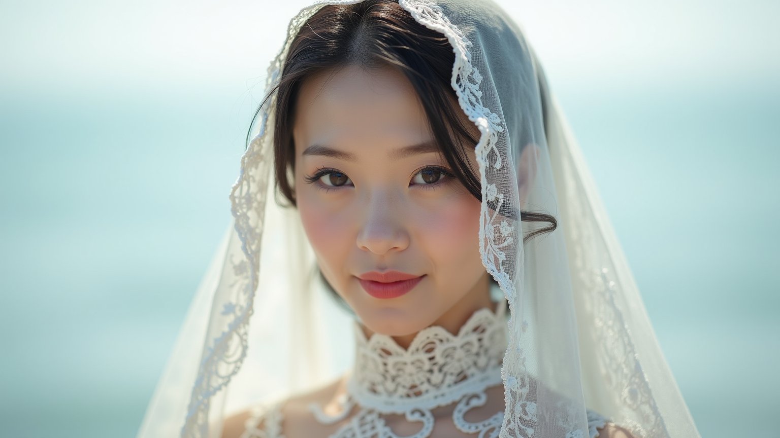 an Asian woman wearing a vizor, rich texture on the vizor, Wearing a white lace top,standing by the sea, exceptional photography style, natural lighting, high-resolution, detailed facial features, soft background, elegant and poised, subtle smile, candid moment, captivating eyes.