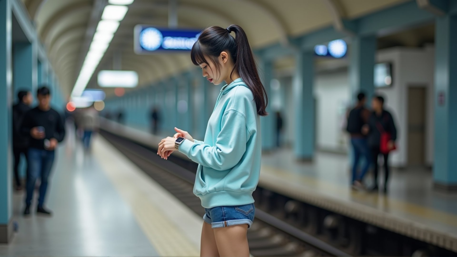 A 20-year-old Taiwanese woman is standing at a train platform in Taipei Main Station, checking her watch as she waits for the train. She is wearing a light blue hoodie and denim shorts, with her ponytail neatly tied. The station’s bustling atmosphere surrounds her.