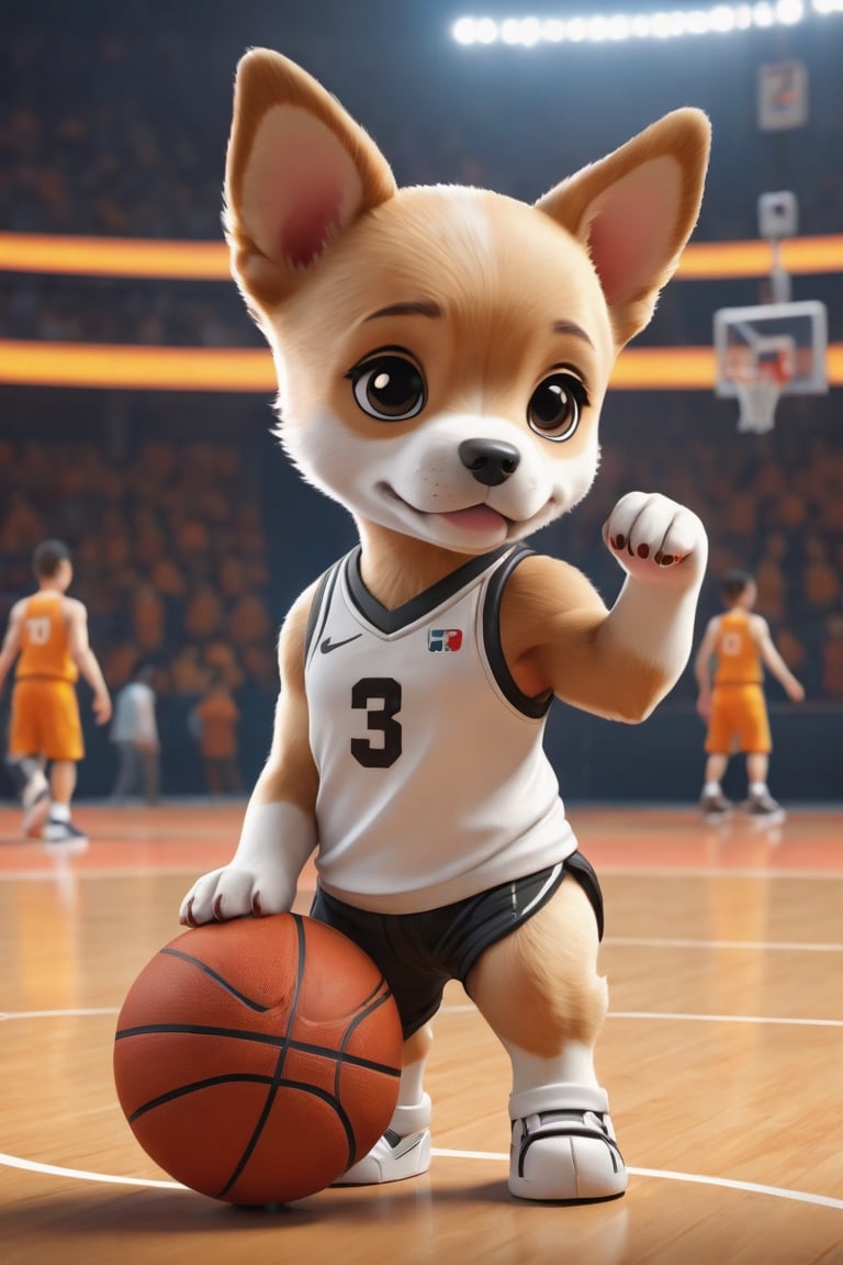 Cute puppy who plays human, Create a characterset of stunning 3D chibi style character in detailed full body, highly detailed, vibrant, ultra high quality, Hyperrealism, Photorealism, [octane render],basketball court,dance