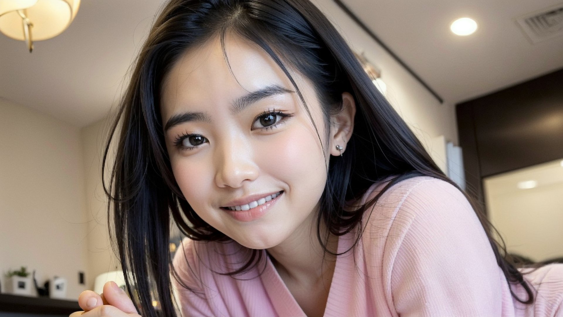 Create an image of a 30-year-old Asian Office Lady with a height of about 5'4" (163 cm). long black hair, Pink pajamas , living room ,smirk, look at viewer,focus on face,  (from below:1),close up