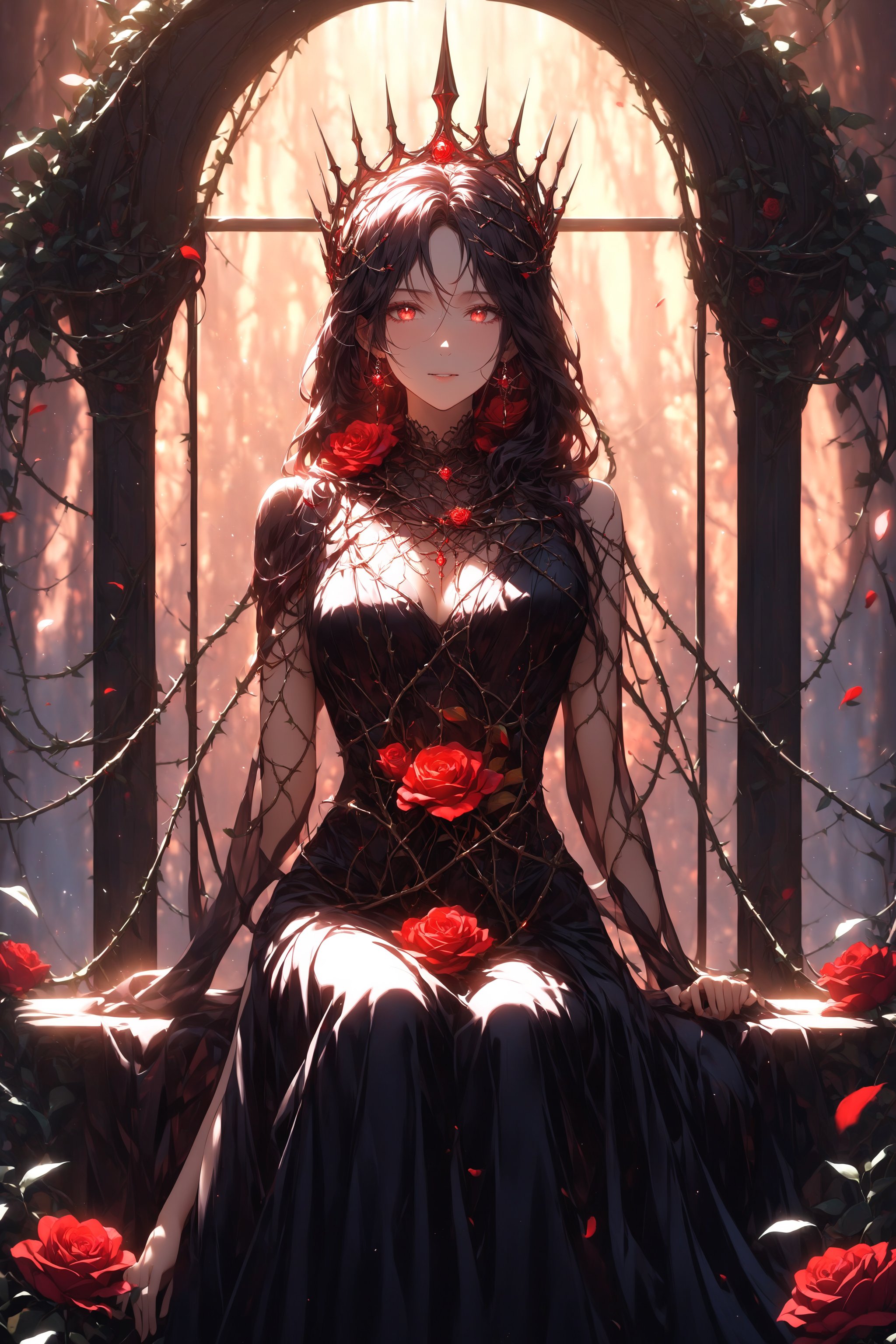 A majestic portrait of a lone girl sits serene amidst a dreamy backdrop, framed by a soft focus blur. Her raven tresses flow like a dark waterfall down her back, entwined with delicate frills and a flowing black dress that accentuates her slender form. A crimson rose blooms at the center of her chest, its thorns artfully crafted into an enigmatic crown. Her lips curve into a gentle smile as she gazes directly at the viewer, her large, luminous eyes sparkling with an ethereal glow. The scene is bathed in a warm, golden light that casts no shadows, with delicate vines wrapped around her neck, entwining black and red roses.