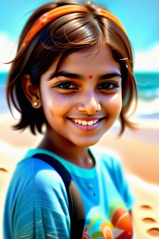 indian woman, brown short hair, cute, pretty, rounded cheeks, 13 yo ,smiling , beach detailed sand particles and sea water photot realistic 
