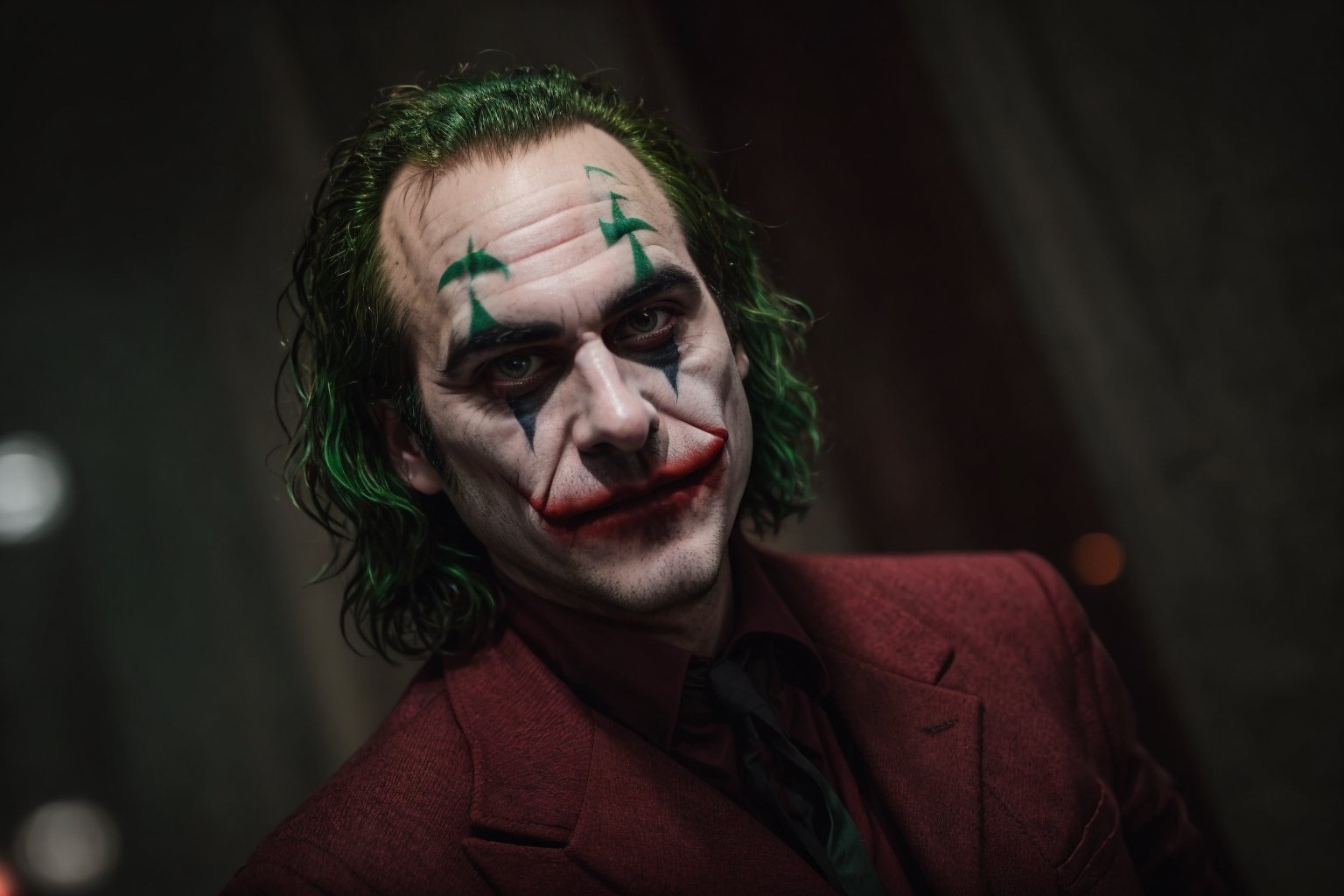 [Joker] from 2019 movie, (Joaquim Phoenix), wearing a red suit, green hair,
BREAK
,photo, rule of thirds, dramatic lighting,, detailed face, detailed nose, dark smille, , intricate background, realism, realistic, raw, analog,, portrait, photorealistic, analog, realism,Realism,More Detail