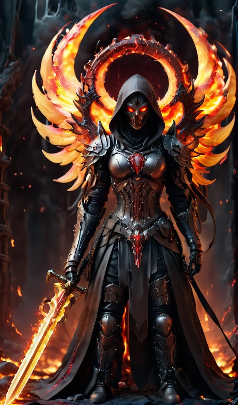 fallen bleeding faceless angel wearing a hood with a huge flaming sword and huge black wings kneeling standing on the abyss of death hell