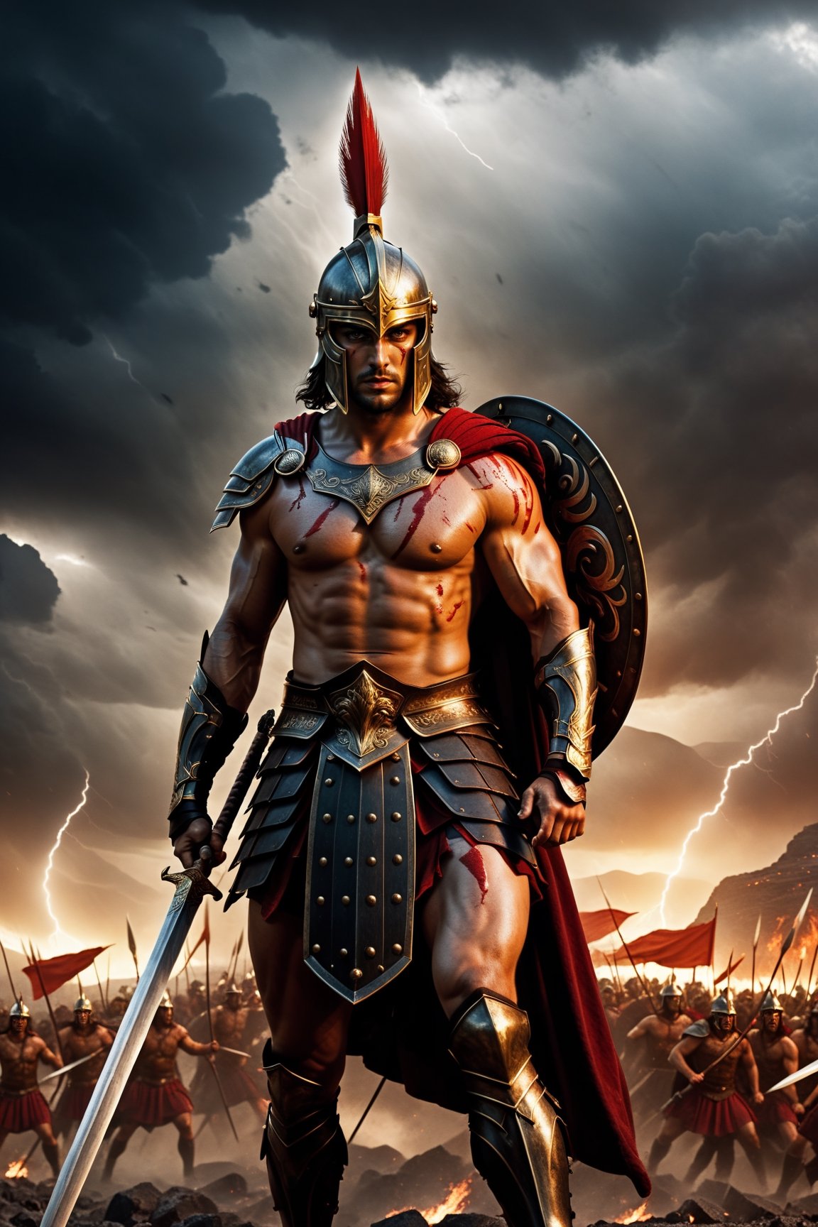 Hell (Inferno) wars, full body,
achilles soldier, The Greek army defeated its enemies with long spears and swords.
Greek soldiers, war with devils, war breaks, diluted with red blood, Greek brave soldiers full of Kasrima atmosphere, ,more detail XL,Movie Still, create photo realistic greek warrior with shield, wearing helmet and warrior outfit, dramatic lighting, high detailed, sharp focus , dramatic mood ,more detail XL,Movie Still,Blood mixed with a long knife and attached to it.,darkart,Lightning, thunder, black clouds, black smoke, charred corpses, golden moon, sunlight, waves, heavy rain, storms, The entire temple city was completely destroyed and captured.,
neoclassicism,side at view,